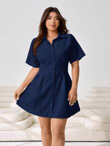 Solflare Plus Size Women's Solid Color Pleated Casual Party Short Sleeve Dress - Navy Blue - View 4
