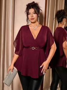 Cravure Plus Size Women's Solid Color Petal Short Sleeve Elegant Chiffon Blouse - Burgundy - View 4