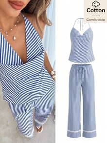 Siren Gaze Cotton Summer Women Blue White Striped Halter Tie Top And Low Rise Wide Leg Pants Casual 2 Pieces Set Y2k Holiday Sexy Festival Vacation Boho Western - Blue and White - View 9