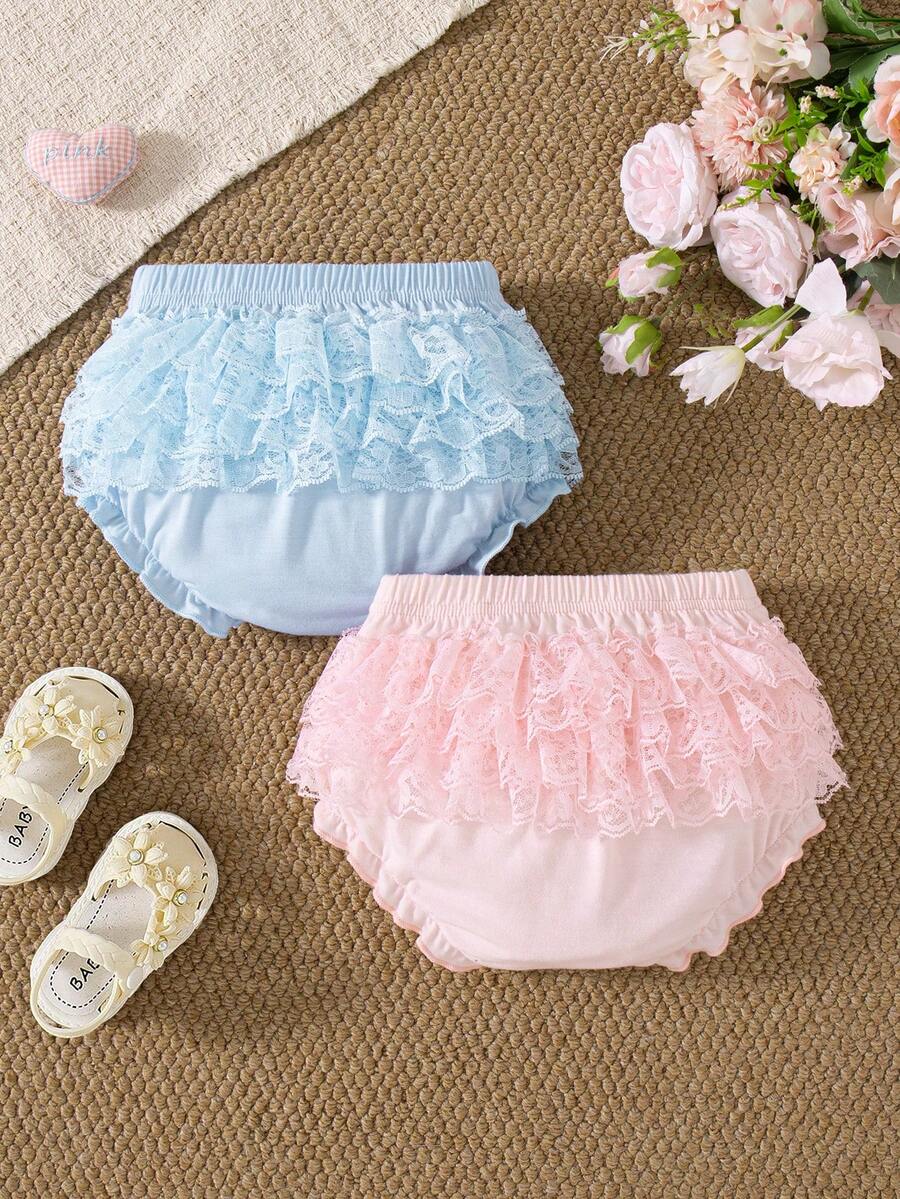 Souflis Souflis 2 Paket Celana Pendek Bloomer Musim Panas untuk Bayi Perempuan, Motif Garis-garis Pink Putih dan Jala Renda - MultiWarna - View 1