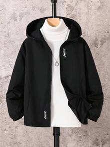 SHEIN 兒童青少年男孩休閒日常百搭舒適字母印花圖案連帽寬鬆長袖輕量梭織外套 - 彩色 - 查看 7