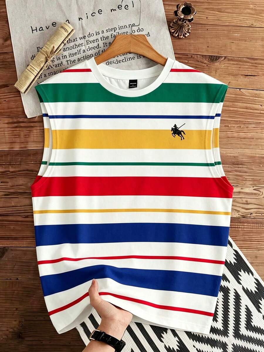 Manfinity Joysei Standard Size Men's Casual Colorful Striped Print Tank Top, Suitable For Summer Outings, School, And Gifts For Friends - Multicolor - View 1