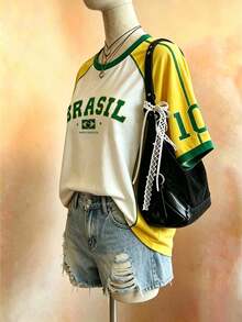Lalippa 巴西風格拼色圖案球衣，巴西 BRASIL 黃綠白配色字母印花球迷T恤，足球球迷比賽日上衣，女款夏季運動上衣，足球，足球用品 - 彩色 - 查看 3