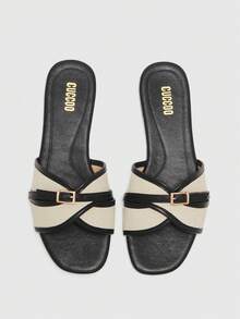 CUCCOO BIZCHIC Women's Fashion Black Buckle Color Matching Flat Sandals Spring Shoes Summer - Black - View 2