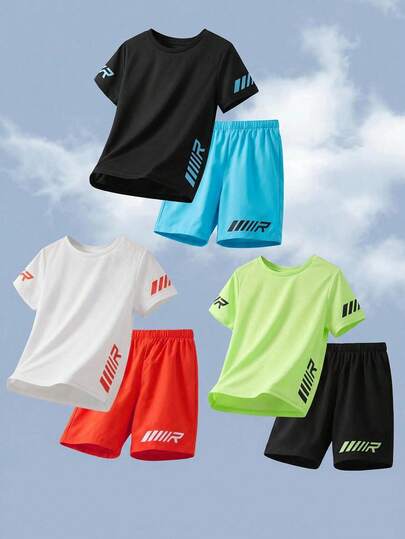 SHEIN 6pcs/Set Tween Boy Casual Sports Pattern Crew Neck Pullover Short Sleeve T-Shirt & Shorts Knit 2-Piece Set, 3 Colors, 2pcs/Color 6pcs/Set Matching Set