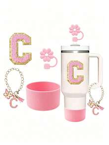 A-C 4-One Piece Cup Accessory Set, Excluding Cups And Straws (30- 40 Ounces)-Accessory Set Includes: 1 Straw Top, 1 Letter Amulet, 1 Silicone Cup Protective Base, And 1 Cup Letter Sticker, Perfect As A Daily Or Holiday Surprise Gift. - Baby Pink - View 8