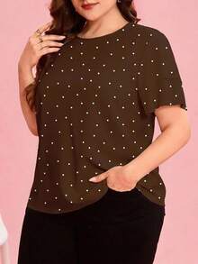 Reflora Plus Size Women's Solid Color Polka Dot Print Round Neck Double Layer Ruffle Sleeve Short Sleeve Blouse - Brown - View 4