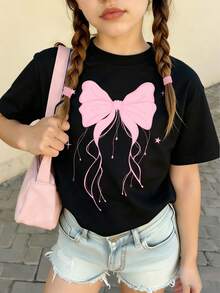 Spring Summer Autumn Tween Girls Fashion Creative Pink Ribbon Bow Design Five-Pointed Star Pattern Print Casual Style Basic Black Short T-Shirt Comfortable Daily Wear - Black - View 4