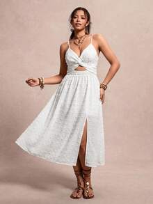 SHEIN VCAY Plus Size Women Textured Ruched Cutout Slit Front Cami Dress For Vacation - White - View 8