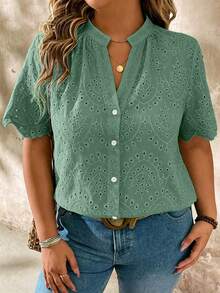 EMERY ROSE Blusa bordada con calado, de manga corta, talla grande - Verde - Ver 6