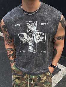 DAZY Men's Crew Neck Letter Angel Print Casual Versatile Daily Outing Short Sleeve T-Shirt Graphic Tee - Grey - View 5