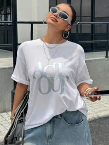 Dazy Plus 大尺碼女款圓領銀箔字母印花寬鬆短袖夏季白色百搭T恤 - 白色 - 查看 2