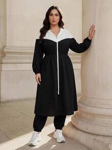 Graceveil Conjunto de 2 piezas talla grande con chaqueta larga con capucha y cremallera en color contrastante y pantalones con cordón, elegante - Blanco y Negro - Ver 6