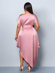 SOLERSUN Plus Size Women's Summer Blush Pink Elegant Formal Long Dress,Satin Slant Off Shoulder Cocoon Asymmetric Pocket Loose Waist Belt Vacation Banquet - Pink - View 5