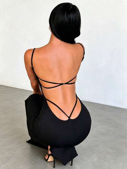 Cévolie New Black Backless Criss-Cross Strap Dress For Women, Summer Hot Girl Waist-Cinched Slimming Sexy Slit Dress