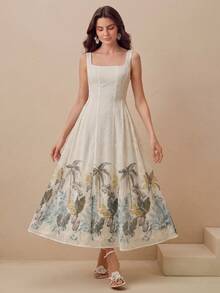Anewsta Summer New Arrival Vacation Style Tropical Floral Print Camisole Waist Flared Dress, Versatile - Apricot - View 8