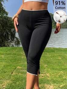 SHEIN Tall CURVE 大码女式弹力腰休闲七分紧身裤 - 黑色 - 查看 4