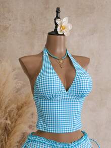 Swim Mod 夏季海灘女款兩件式泳衣套裝 黑白波點印花荷葉邊上衣 側抽繩比基尼泳褲 - 寶藍色 - 查看 6