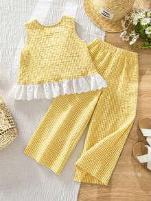 Emery Rose Kids Emery Rose Kids 少女格紋蝴蝶結裝飾上衣與長褲休閒日常套裝 - 黃色 - 查看 4