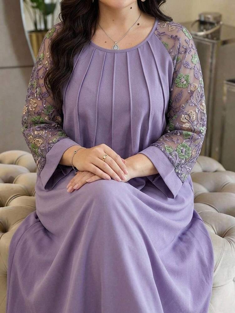 Al Najma Plus Size Women's Floral Embroidered Mesh Raglan Sleeve Elegant Arabian Dress - Purple - View 1