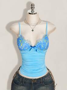 SHEIN ICON Top de tirantes Y2K con encaje de contraste y fruncido - Azul - Ver 3