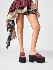 ROMWE Women's Casual And Stylish Open-Toe Wedge Sandals With A Punk-Style Gothic Dark Color Scheme And Openwork Mesh Splicing Straps. - Burgundy - View 2