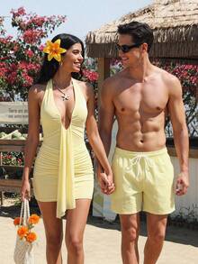Azuldrift Men's Solid Color Elastic Waist Drawstring Tie Beach Pants Holiday / Vacation / Beach / Hawaii / Tropical / Swim /  Bathing - Yellow - View 2