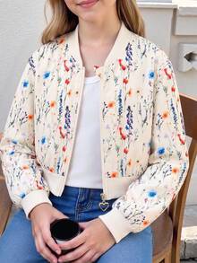 Tween Girl Floral Print Long Sleeve Zipper Front Baseball Jacket - Apricot - View 8