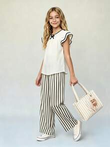 SHEIN Casuvi Kids 2件組女童春夏季新款休閒通勤套裝，波浪條紋編織蝴蝶結裝飾圓領荷葉袖寬鬆杏色上衣搭配簡約百搭黑色編織直筒長褲，日常出遊穿搭 - 彩色 - 查看 3