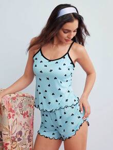 Elorette 2pcs Valentine's Day Contrast Color Ruffles Heart Print Camisole And Shorts Pajama Set - Blue - View 7