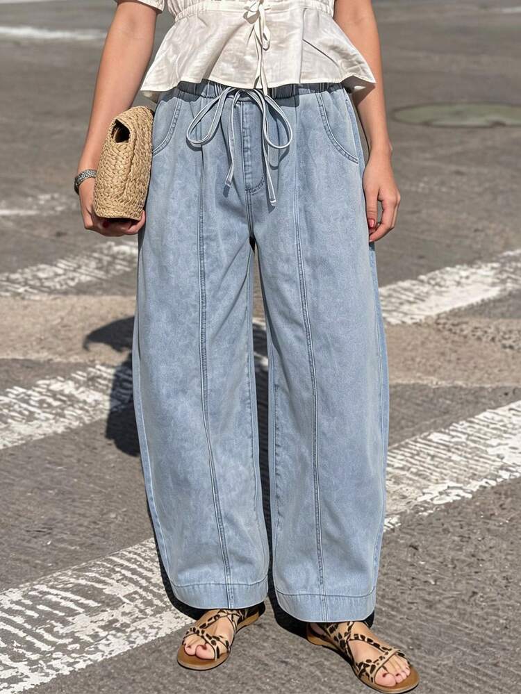 Women's Drawstring Waist Pocket Casual Versatile Daily Wear Jeans