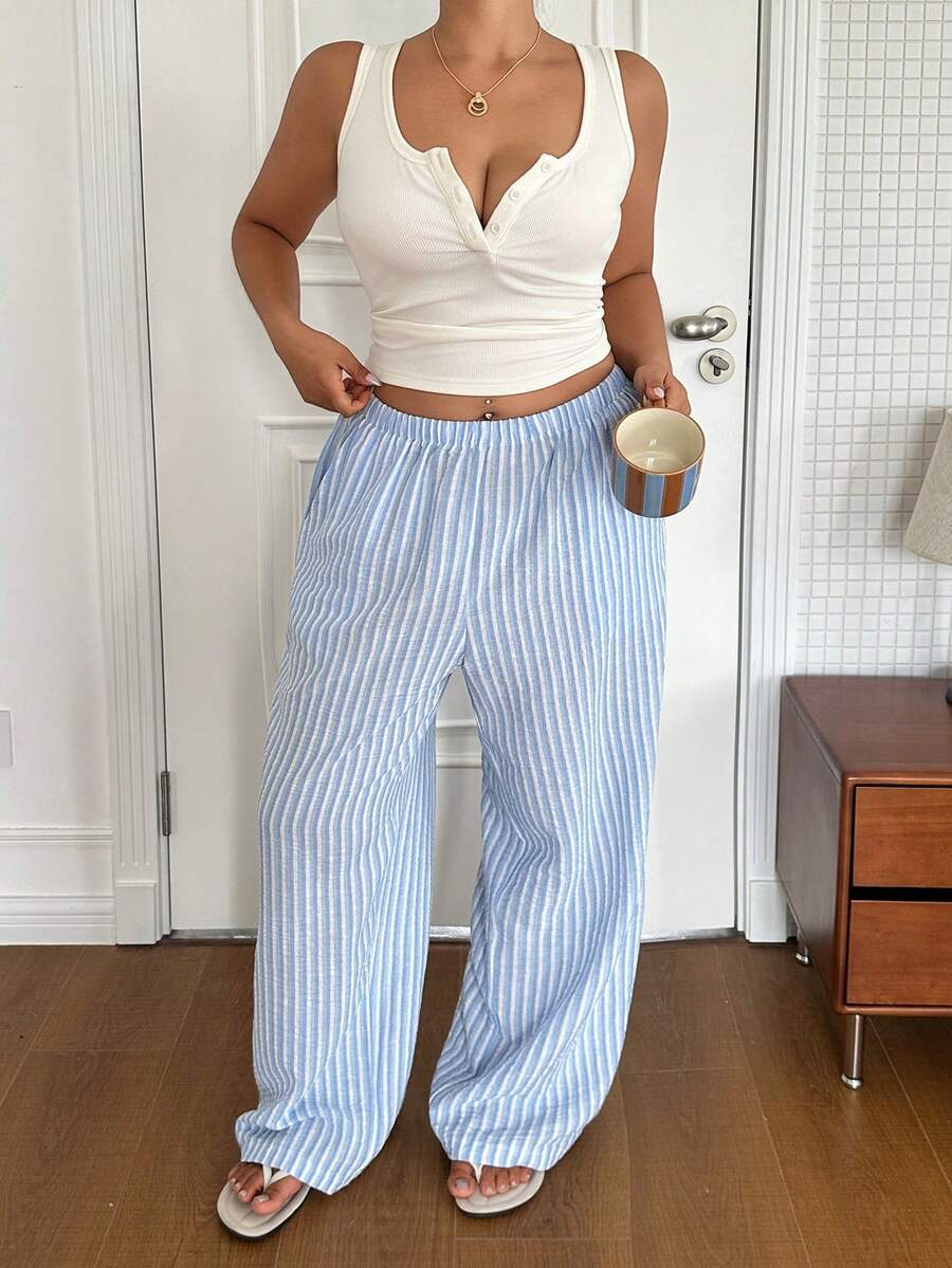 Dazy Plus Summer Casual Half-Open Front Tank Top & Striped Pajama Pants Set, Plus Size Women's Spring/Summer Daily Loungewear - White - View 1