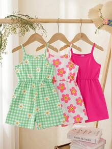 SHEIN Elladie kids 女童針織牛奶絲彈性吊帶連身短褲三件組，甜美休閒度假風，純色+大花臉+格紋雛菊印花，嬰幼童居家日常戶外玩樂幼兒園學校休閒百搭，柔軟舒適收腰連身衣，活潑充滿活力夏日氛圍 - 彩色 - 查看 4