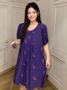Dazy Plus 時尚葉子與花卉印花圓領 A 字版型寬鬆長款家居洋裝 優雅睡袍 夏季睡衣 - 紫羅蘭色 - 查看 7