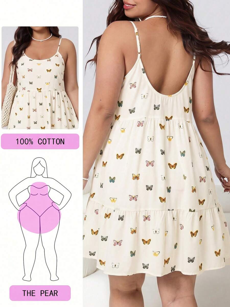 Solflare Plus Size Women's Butterfly Pattern Backless High Waist Ruffle Strap Dress - Multicolor - View 1