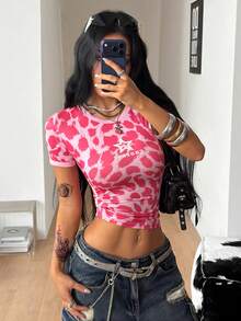 Coolane 女士春季音乐会服装 锐舞服装 音乐节外出锐舞服装 文艺复兴集市俱乐部服装 派对豹纹T恤 - 粉色 - 查看 1