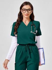 TaskEZ Set Seragam Medis Atasan Lengan Pendek dan Celana Warna Polos - Dark Green - View 6
