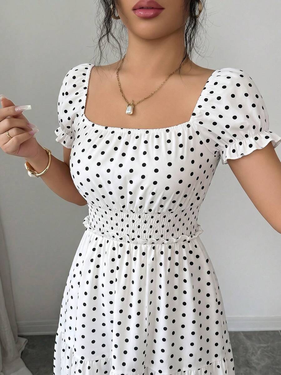 Modelyn 波點收腰優雅大擺時髦女款長洋裝 - 白色 - 查看 1