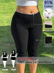 SHEIN Tall CURVE 大码女式弹力腰休闲七分紧身裤 - 黑色 - 查看 2