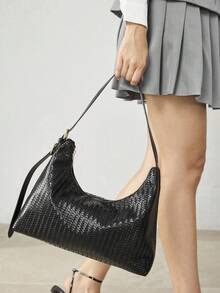 MOTF LADIES SHOULDER BAG, EXQUISITE RETRO WOVEN EMBOSSED PU SHOULDER BAG. - Black - View 1