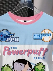THE POWERPUFF GIRLS X SHEIN 女式休闲花朵、泡泡、毛茛图案拼色圆领短袖 T 恤，夏季 - 白色 - 查看 4