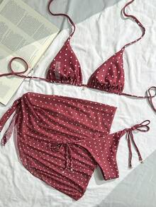 Swim Mod 女款夏季海灘穿搭3件套，黑白隨機波點印花細肩帶珍珠裝飾裙性感比基尼套裝 - 彩色 - 查看 2