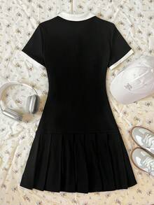 SHEIN 青少年女孩休閒日常百搭舒適翻領拼接拼色 Polo 洋裝 - 黑與白 - 查看 8