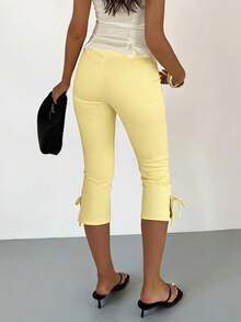 Firerie Women's Elegant Casual Spring/Summer All Seasons Solid Pale Yellow High Waist Leggings, Knitted Waist-Cinching Tight Leggings, Fashionable Versatile - Pale Yellow - View 3