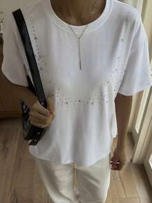 Livesso 春夏水鑽亮面圖案圓領基本款女款短袖T恤，適合音樂節、情人節、婚禮、休閒街頭、戶外度假、海灘、優雅通勤 - 白色 - 查看 7