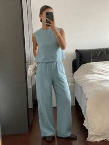 Livesso 女款藍灰色牛仔套裝，圓領無袖修身短版上衣搭配鬆緊腰寬鬆寬腿長褲，適合夏季與秋季 - 淺藍色 - 查看 3