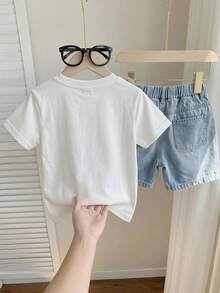Setelan Kaos dan Celana Pendek Lengan Pendek Leher Bulat Motif Huruf Kasual Musim Panas untuk Anak Laki-Laki - MultiWarna - View 2