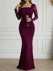 Modelyn Women's Fashion Oblique Shoulder Formal Evening Mermaid Dress Women's Formal Evening Dress Gown (Heavy Embroidery) Women Rhinestone Embellished Sheer Black Long Evening Gown, Wedding Guest Dress, Elegant Evening Dress, Prom Dress, For Wedding Dress Waist And Chest Slimming, Party Dress, Formal Dress Purple Women Evening Dress Off Shoulder Formal Dress Plum Dress Long Sleeve Formal Dress Sexy Elegant Dress - Red Violet - View 5