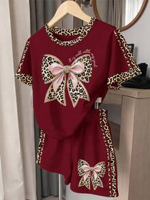 Vintage Cute Sweet Leopard Print Bow Pattern Pink Contrast Color Sporty Stripe Teen Girl Casual Loose Crew Neck T-Shirt Shorts 2-Piece Set For Summer - White - View 1