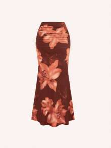 SHEIN Unity 女款全花卉印花百褶A字裙，休閒度假風 - 棕色 - 查看 2